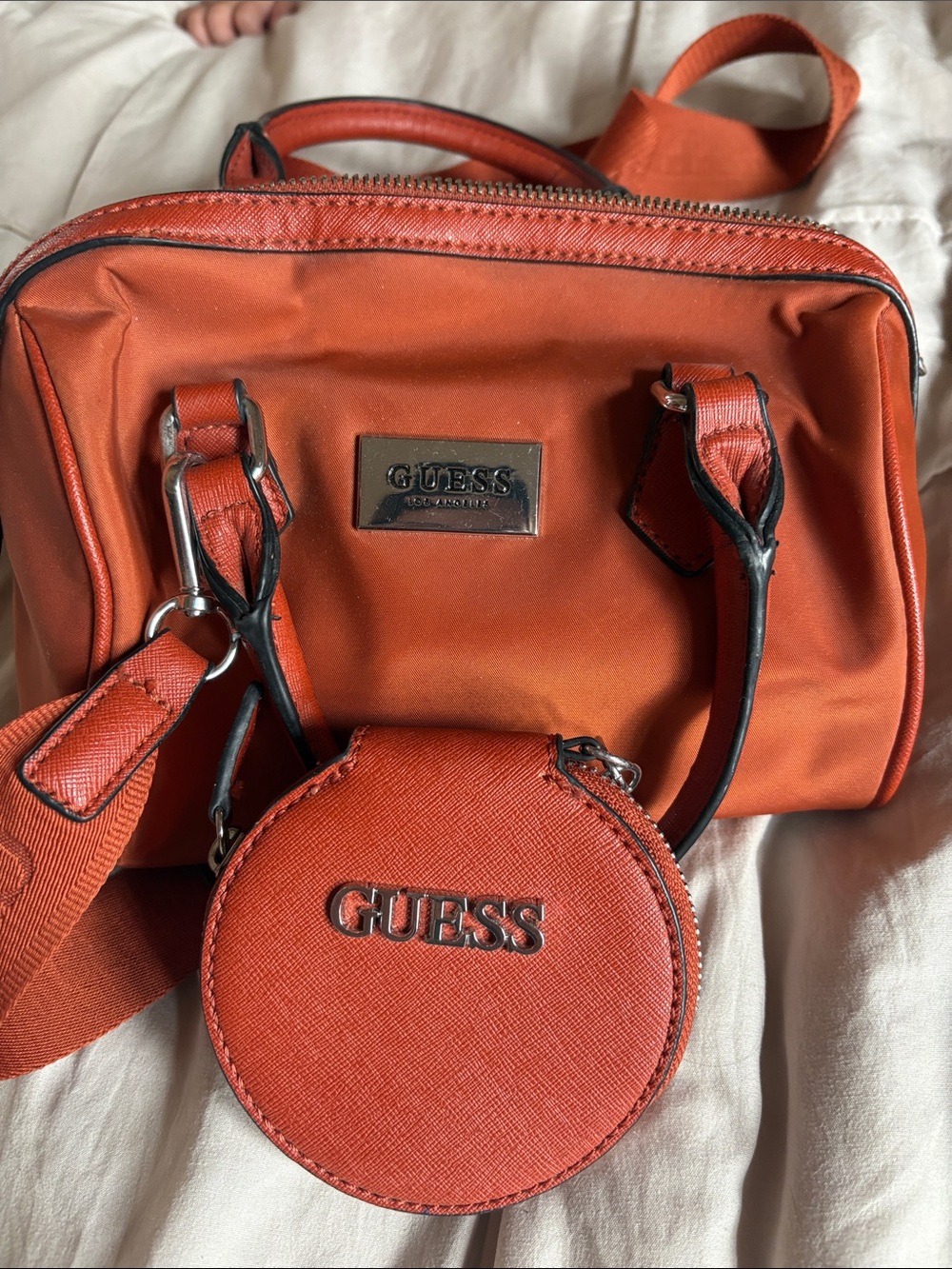 GUESS Orange Mini Crossbody Bag with Round Coin Pouch